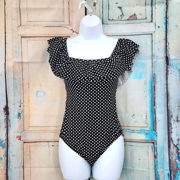 J. CREW black with white polka dot off-the-shoulder one piece swimsuit - Picture 2 of 6